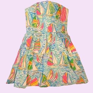 Sz 2 Lilly Pulitzer Mini Dress Sail Boats Strapless - Great Condition